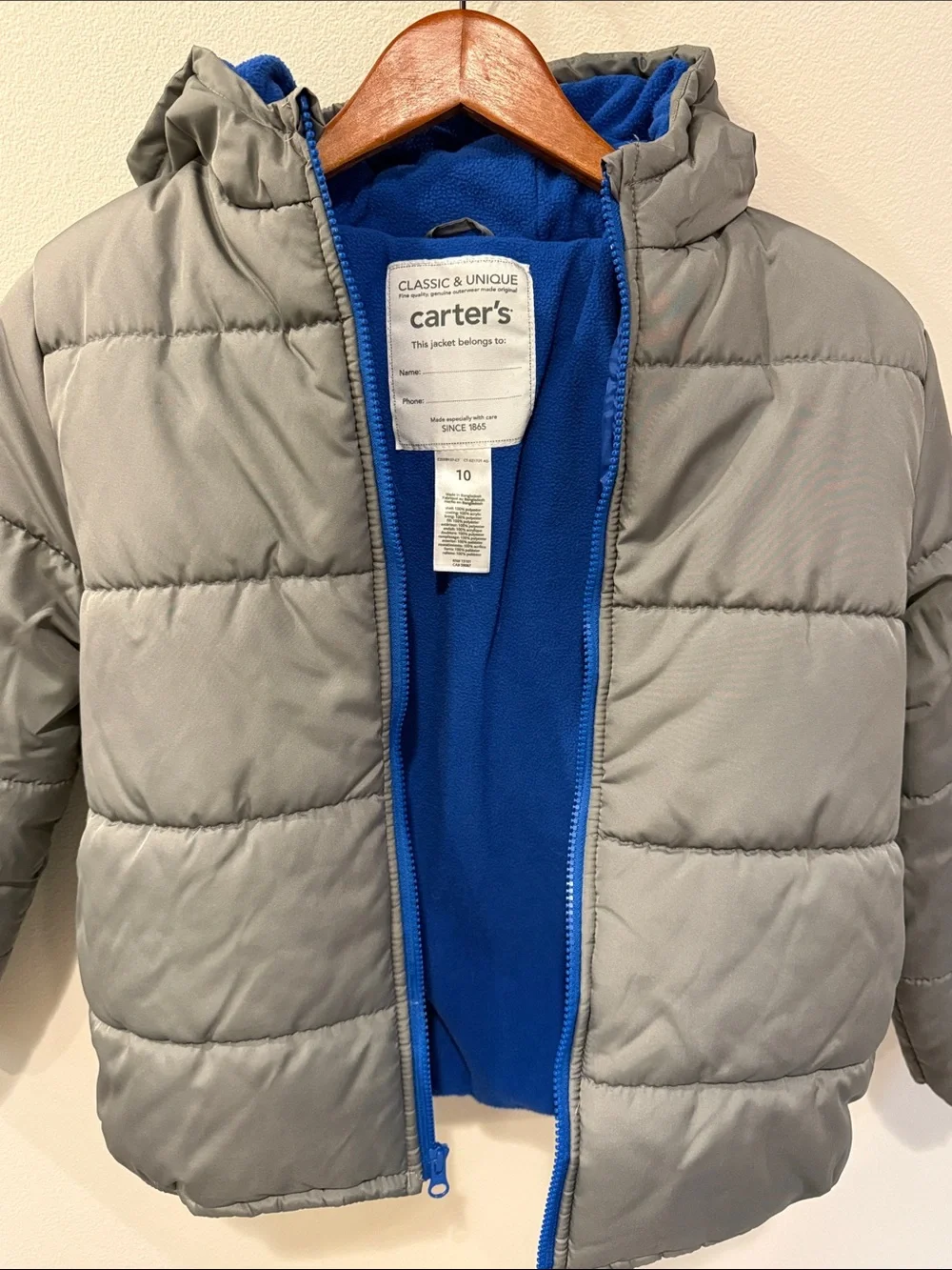 Carter's Gray Puffer Jacket with Blue Fleece Insulation and Hood